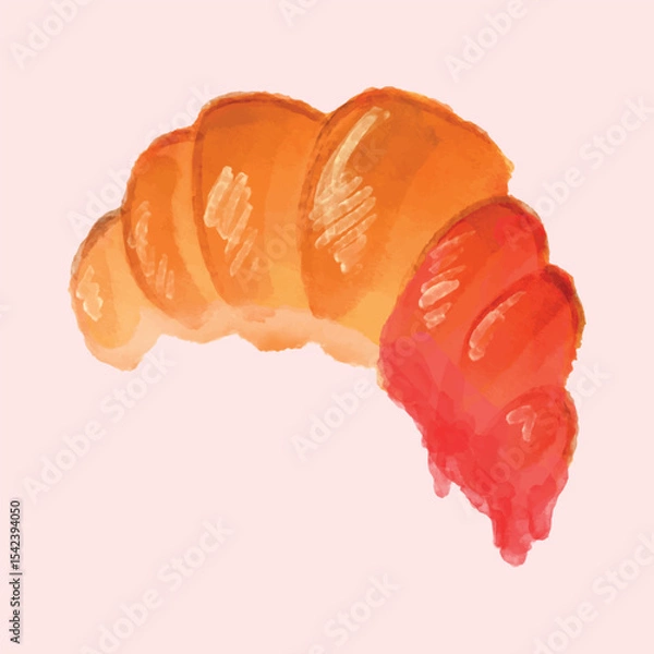 Fototapeta A golden croissant with a shiny cherry filling on a delicate pink background. The watercolor drawing depicts crispy pastries with bright red fruit jam. A gentle illustration of a breakfast