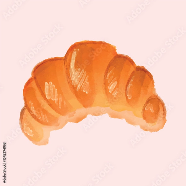 Fototapeta Illustration of a golden puff croissant with a delicate watercolor texture on a pale pink background. Delicious puff pastry with crisp edges and warm tones on pink canvas