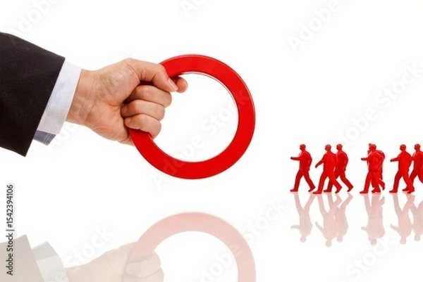 Obraz Businessman's hand using magnet to attract red team of miniature figures on white background