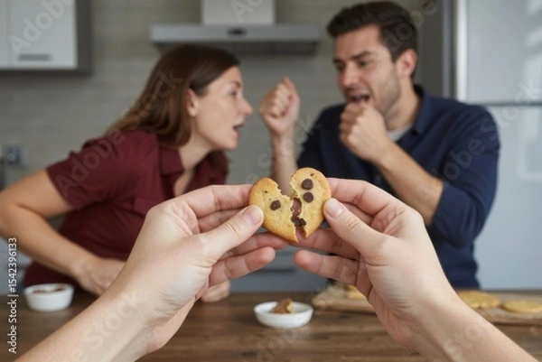 Obraz Heart-shaped cookie broken in half by two hands in front of a quarreling couple in a kitchen.