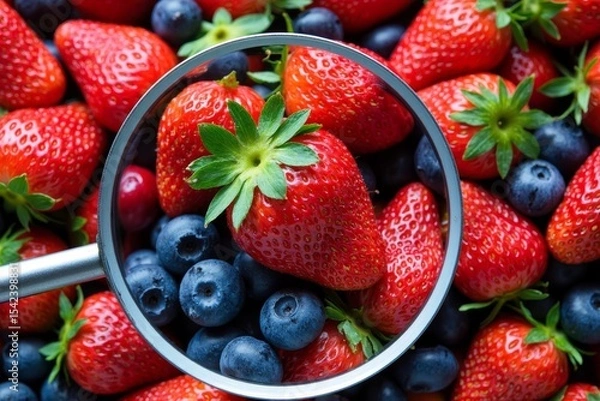 Obraz Close-Up of Fresh, Vibrant Fruits like Strawberries or Blueberries Under a Magnifying Glass