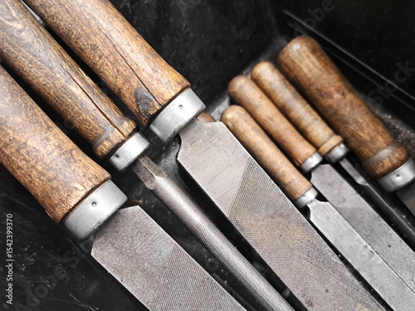Fototapeta Vintage metal files with wooden handles. Old workshop hand tools. Manual carpentry equipment set. Rustic mechanic workspace. Sharp traditional blades in closeup.