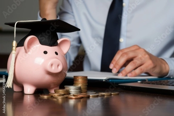 Obraz Close-up Image of Piggy Bank Wearing Graduation Cap with Coins and Businessperson Silhouette