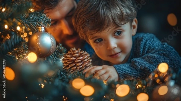 Fototapeta Heartwarming moment between a father and son decorating a Christmas tree with twinkling lights and festive ornaments.