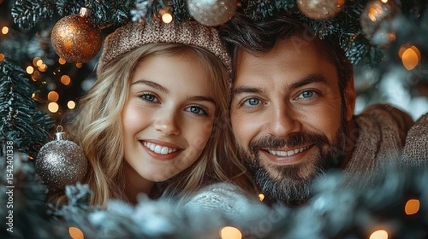 Fototapeta Joyful holiday moment shared between a smiling father and daughter surrounded by festive decorations and warm lights.