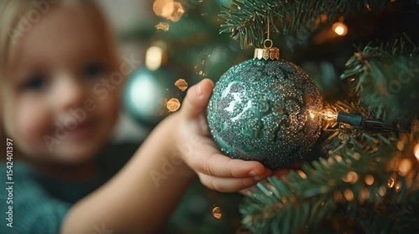 Fototapeta A joyful child cherishing Christmas moments while decorating a festive tree with a sparkling ornament