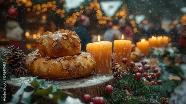 Fototapeta A festive display of traditional holiday pastries surrounded by twinkling lights and candles, evoking a warm winter atmosphere