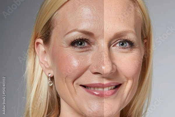 Obraz Title: Aesthetic Surgery's Transformative Power: Woman's Half-Lifted, Rejuvenated Face Captures Dramatic Results