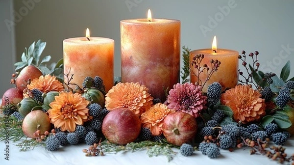 Fototapeta A serene autumn centerpiece featuring lit candles, vibrant flowers, and fresh fruits arranged beautifully on a table