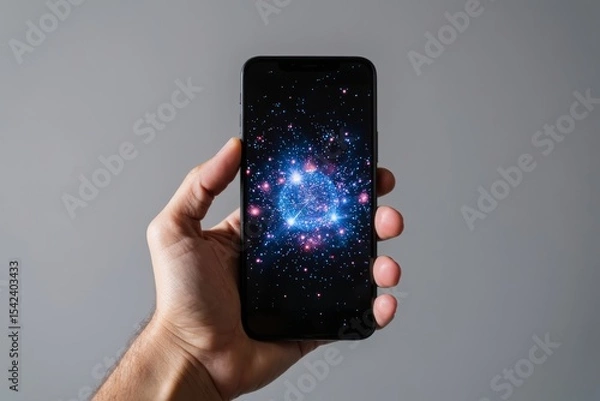 Obraz Close-up of hand holding mobile phone with colorful holographic galaxy projection on screen.