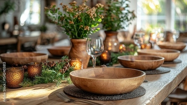 Fototapeta Elegant rustic dining table set up with wooden bowls, greenery, and warm candlelight for a cozy gathering