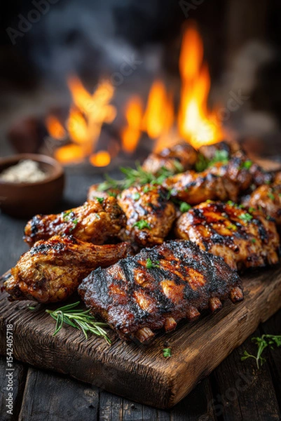 Fototapeta Delicious grilled barbecue ribs and chicken with fresh herbs on rustic wooden board by cozy fire