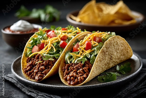 Fototapeta Two beef tacos with fresh lettuce, tomato, and cheese on a rustic plate with salsa and tortilla chips