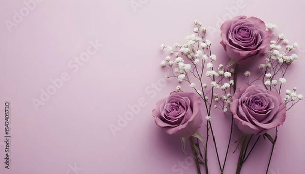 Obraz Top view of three purple roses with white gypsophila flowers on purple background. Floral arrangement for invitation card wedding decoration design