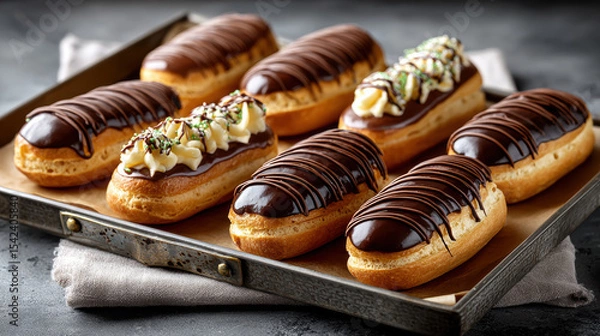 Fototapeta Assorted chocolate eclairs with whipped cream and sprinkles on baking tray, baking and dessert theme