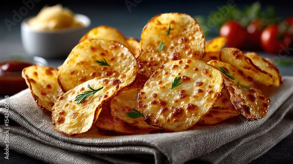 Fototapeta Crispy golden potato chips with herbs on linen in cozy setting