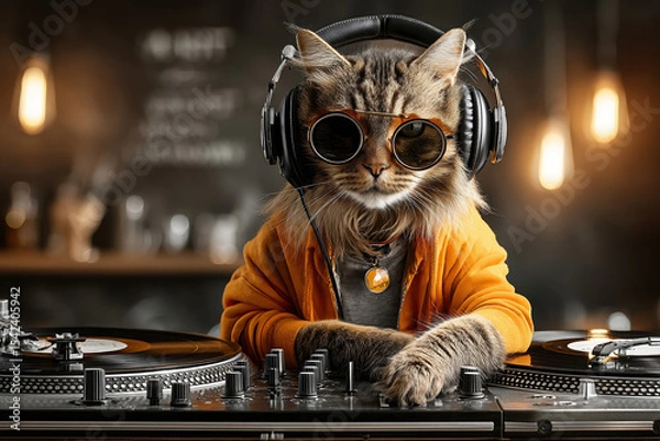 Fototapeta Stylish cat dj mixing music with headphones and sunglasses in a trendy studio setting