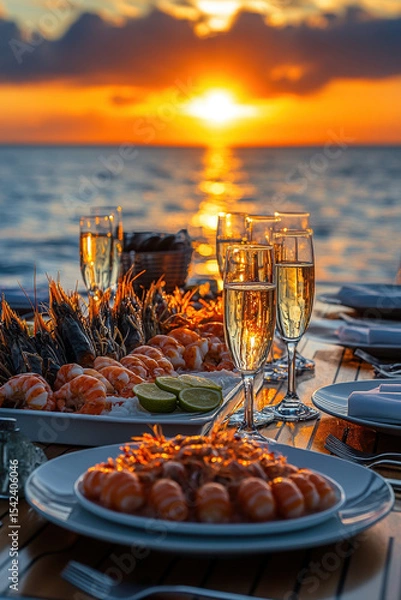 Fototapeta Elegant seafood dinner by the ocean at sunset with sparkling wine and decorative table setting