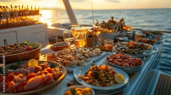 Fototapeta Luxurious sunset dinner buffet on yacht with seafood and drinks overlooking the ocean