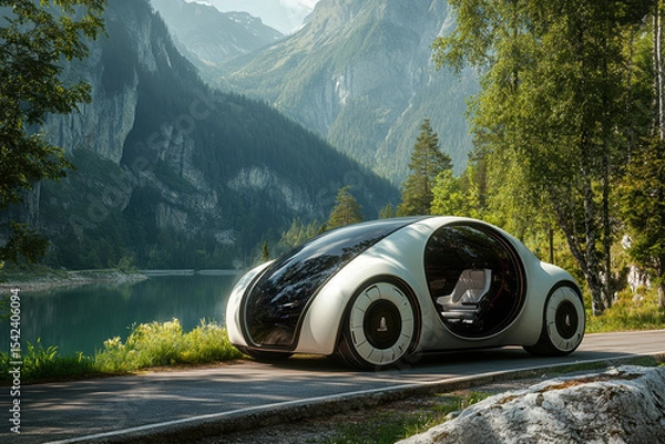 Fototapeta Futuristic autonomous vehicle by serene lake and mountains in lush forest setting