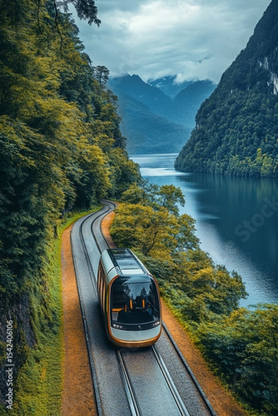 Fototapeta Futuristic train navigating scenic mountainous and lakeside landscape on overcast day