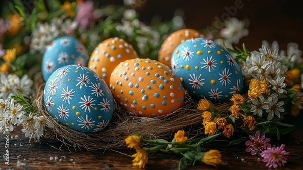 Fototapeta Brightly colored, decorative Easter eggs nestled in a bed of fresh spring flowers, capturing the essence of seasonal celebration and renewal.