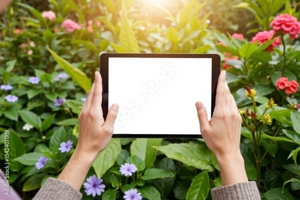 Obraz Title: Hands Holding Digital Tablet Surrounded by Colorful Plants and Flowers