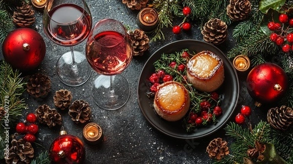 Fototapeta Indulgent holiday feast with glistening desserts, wine glasses, and festive decorations on a dark table setting.