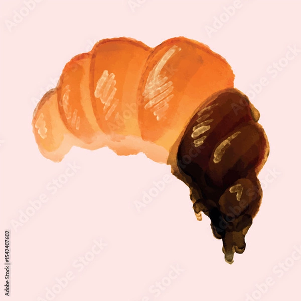 Fototapeta Golden croissant with rich chocolate, crumbling on a delicate pink cloth. Watercolor image of crispy pastries with delicate dark chocolate on a pastel background. Artistic vector illustration