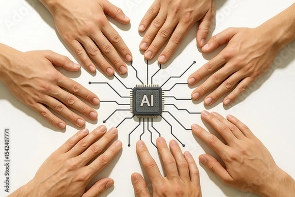 Obraz Hands teamwork around AI chip, artificial intelligence collaboration concept