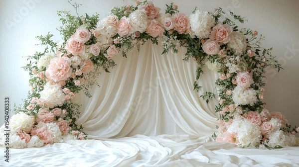 Fototapeta Elegant floral archway adorned with soft pink and white peonies and roses, creating a romantic wedding backdrop