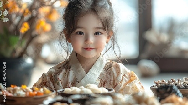 Fototapeta A young girl in a traditional outfit enjoying a delicious meal surrounded by a variety of exquisite dishes and a warm, inviting ambiance.