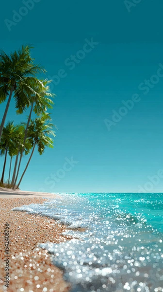 Fototapeta Bright Artistic Tropical Shoreline With Palm Trees And Sparkling Water Edge. Tropical Beach Illustration