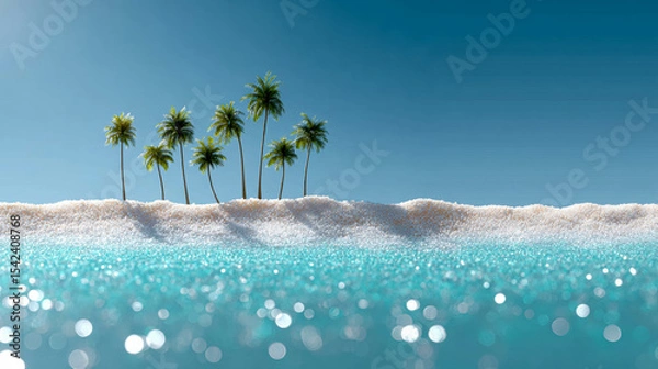 Fototapeta Semi Realistic Beach With Palm Trees And Turquoise Ocean. Tropical Beach Illustration