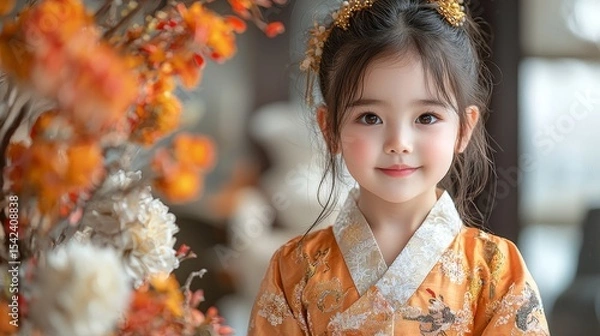 Fototapeta A charming young girl dressed in traditional attire, surrounded by beautiful floral decorations in a serene indoor setting.