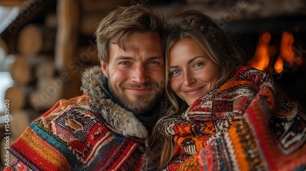 Fototapeta A joyful couple wrapped in colorful blankets, radiating warmth and happiness in a cozy cabin setting during winter