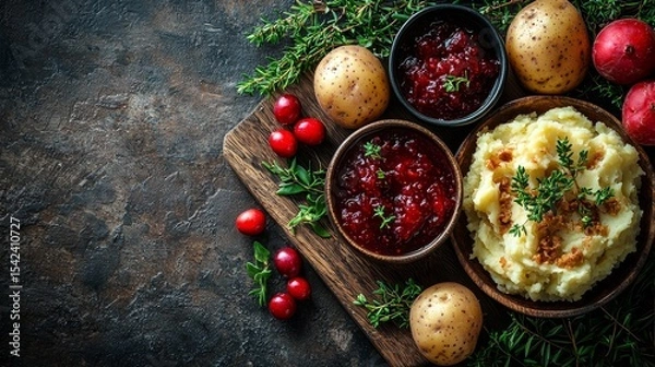 Fototapeta Delicious homemade mashed potatoes served with cranberry sauce nestled beside fresh herbs and red skinned potatoes