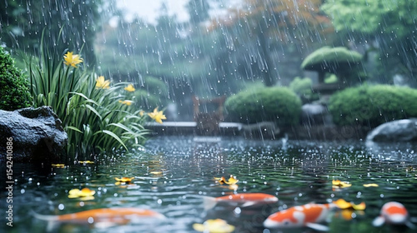 Fototapeta Tranquil garden pond with koi and falling rain drops high resolution picture