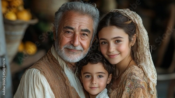 Fototapeta A warm and affectionate portrait of a grandfather, granddaughter, and grandson sharing a joyful moment in a rustic market setting