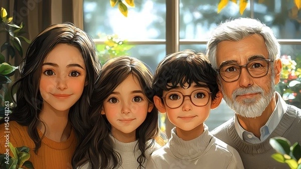 Fototapeta A warm family portrait capturing the joyful bonds between an elderly man, two young girls, and a boy against a sunlit window with lush greenery