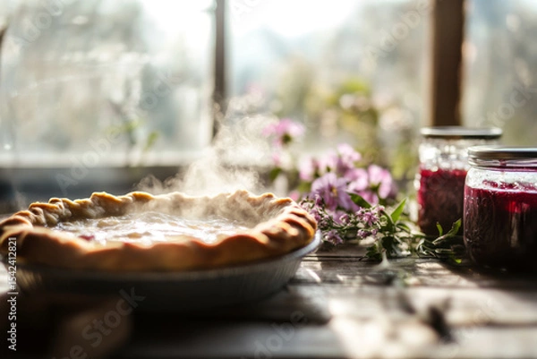 Fototapeta Warm homemade pie on rustic table with jam jars and cozy kitchen light, vintage style photo