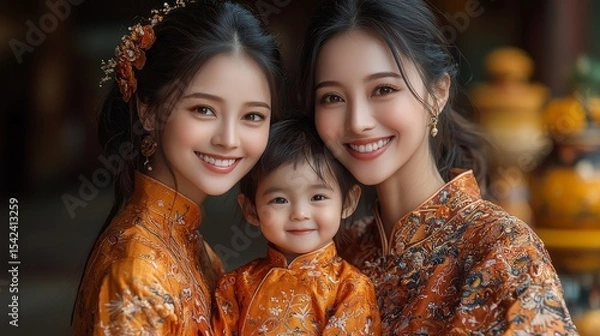 Fototapeta A joyful family portrait featuring two women and a child dressed in intricate traditional orange outfits, radiating happiness and warmth together
