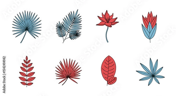 Fototapeta Botanical illustration of tropical leaves and flowers vector design elements for decoration and print use