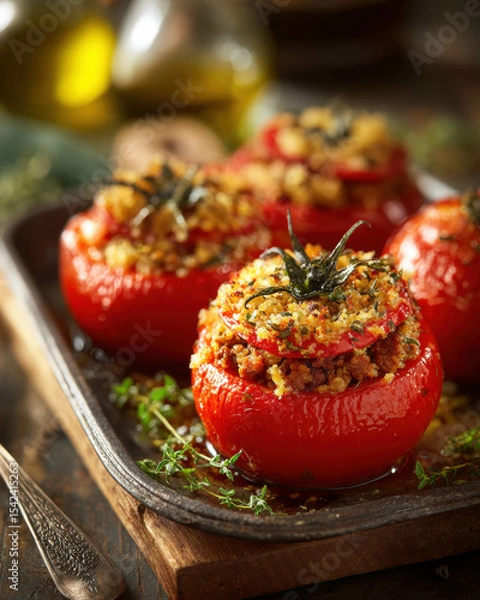 Fototapeta Close Up of Homemade Stuffed Tomatoes with Seasoned Breadcrumb Filling. Stuffed Tomato