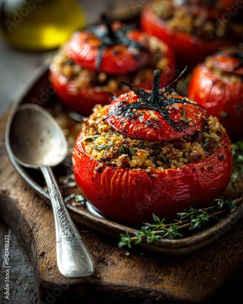 Obraz Stuffed Baked Tomatoes with Crispy Golden Topping and Fresh Herbs. Stuffed Tomato