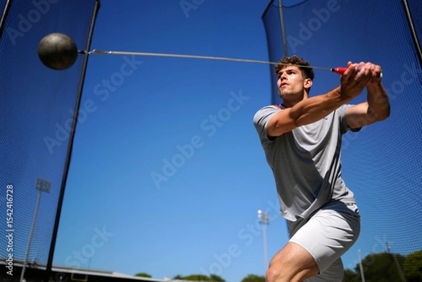 Obraz A male athlete focuses on his technique while throwing a hammer at an outdoor training facility under a clear blue sky. Generative AI.