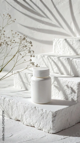 Fototapeta Matte White Supplement Jar on Textured White Plaster with Minimal Shadows
