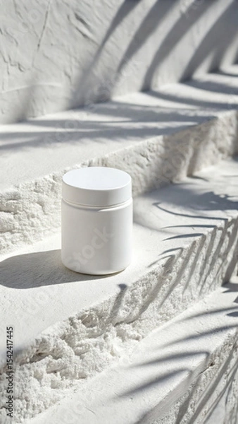 Fototapeta Matte White Supplement Jar on Textured White Plaster with Minimal Shadows
