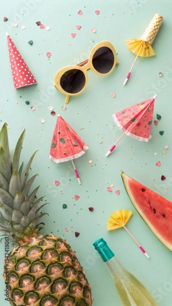 Fototapeta Playful Flatlay for Tropical Bachelorette Party with Fruit and Confetti

