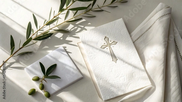 Fototapeta Minimalist Baptism Invitation Mockup with White Linen and Olive Branch
